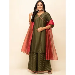 FIORRA Ethnic Motifs Printed V-Neck Zari Detail Empire Kurta With Palazzos & Dupatta-picture-13