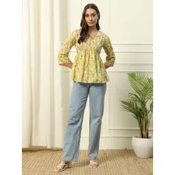 FIORRA Floral Print Bell Sleeve Cotton Lace Empire Top-picture-35