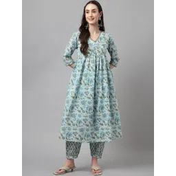 FIORRA Floral Printed Regular Pure Cotton A-Line Kurta with Trousers-picture-27