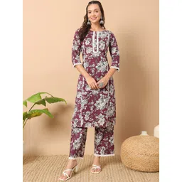 FIORRA Floral Printed Regular Pure Cotton Round Neck Straight Kurta With Trouser-picture-18