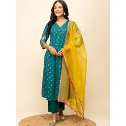 FIORRA Floral Printed Regular Zari A-Line Kurta with Trousers & Dupatta-picture-31