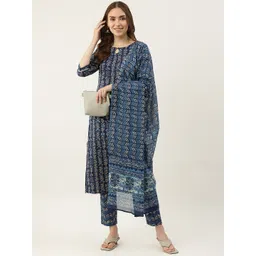 FIORRA Women Blue Printed Pure Cotton Kurta with Trousers & With Dupatta-picture-19