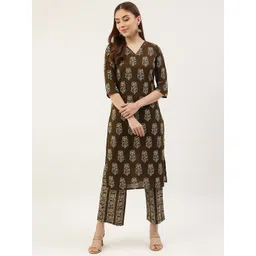 FIORRA Women Brown Floral Printed Pure Cotton Kurti with Trousers-picture-25