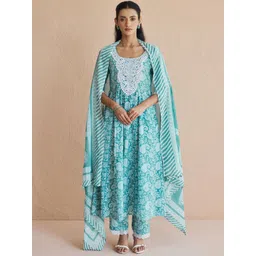 FIORRA Women Ethnic Motifs Embroidered Pure Cotton Anarkali Kurta with Trouser & Dupatta-picture-21
