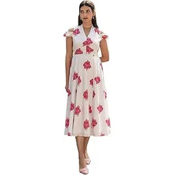 fiorra Women Fit & Flare White Floral Print Cotton Midi Dress-picture-43