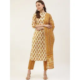 FIORRA Women Mustard Yellow Ethnic Motifs Printed Pure Cotton Kurta with Trousers & With Dupatta-picture-18