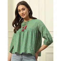 FIORRA Women Printed Tie-Up Neck Cotton Puffed Sleeves Peplum Top-picture-24