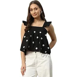 fiorra Women's Cotton Regular Fit Crop Top with Embroidery Detail and Solid Pattern-picture-28