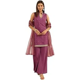 fiorra Women's Lavender Viscose Chanderi Straight Kurta with Palazzo and Dupatta-picture-28