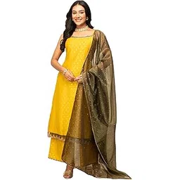 fiorra Women's Yellow Silk Blend Straight Kurta with Palazzo and Dupatta-picture-35