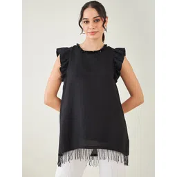 First Resort by Ramola Bachchan Flutter Sleeves Fringed Detail Linen A-Line Top-picture-19