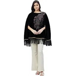first resort by Ramola Bachchan Women's Black Floral Sequinned Velvet Poncho-picture-11