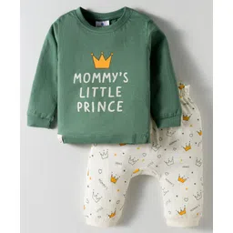 First Smile Sinker Knit Full Sleeves T-Shirt & Diaper Pants Set With Text Print - Green-picture-23