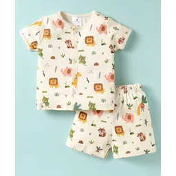 First Smile Sinker Knit Half Sleeves Shorts Co-Ord Night Suit with Animal Print - Cream-picture-16