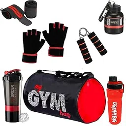 fit focus (Pack of 7) My Gym Bag Combo for Men,Shaker Bottle | Sipper Bottle Gym Gloves l Whey Container Gym kit for Men and Women Gym Bag & Fitness Kit & Premium Bag Combo (Red)-picture-17