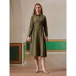 FITHUB Solid Shirt Collar Gathered Full Sleeves Shirt Midi Dress-picture-37