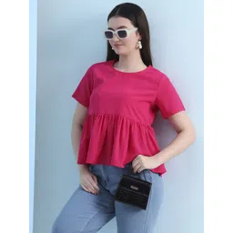 FITHUB Women Solid Gathered or Pleated Round Neck Empire Top-picture-28