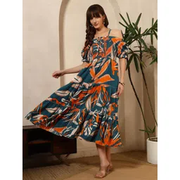 FIXOCRA Abstract Printed Smocked Off-Shoulder Puff Sleeve Crepe Fit and Flare Midi Dress image 1
