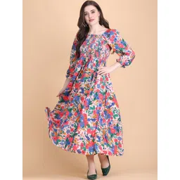 FIXOCRA Women Floral Printed Puff Sleeves Fit and Flare Midi Dress-picture-26