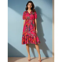FIXOCRA Women Floral Printed V-Neck Tiered Fit and Flare Dress-picture-19