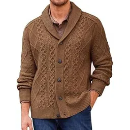 fizzoqi Men's Cable Knit Shawl Collar Cardigan Sweater with Buttons for Autumn and Winter-picture-26