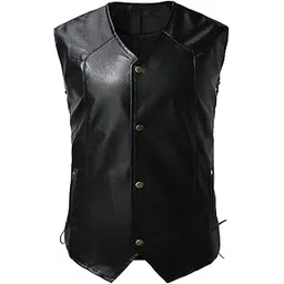 fizzoqi Men's Leather Vest V Neck Single Breasted Sleeveless Jacket with Side Straps for Riding-picture-44