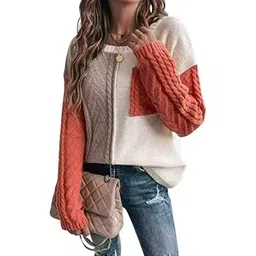 fizzoqi Women's Patchwork Pullover Sweater Long Sleeve Crew Neck Knitted Top with Pocket-picture-19