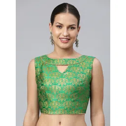flaher Women Green & Gold Ethnic Motifs Jacquard Woven Design Saree Blouse with Cut-Out-picture-24