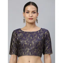 flaher Women Navy Blue & Gold Ethnic Motifs Jacquard Woven Design Tie-Ups Saree Blouse-picture-16