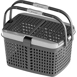 FLAIR Dual Compartment Storage Basket – Sturdy Plastic Organizer with Handles & Lid | Plastic Multipurpose Trendy Shopping Big Basket | Ideal for Kitchen, Bathroom, Laundry & Toys | Grey-picture-25