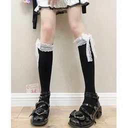 Flaunt Chic Cotton Bow Applique & Lace Detailed Socks - Black-picture-25