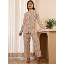 FLAVIA CREATION Floral Printed Mandarin Collar Pure Cotton Shirt & Trousers-image-29