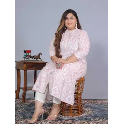 FLAVIA CREATION Plus Size Ethnic Motifs Printed Mandarin Collar Pure Cotton Straight Kurta-image-41
