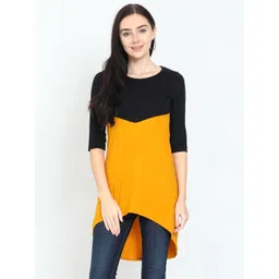 Fleximaa Black & Mustard Yellow Colourblocked Pure Cotton High-Low Longline Top-picture-26