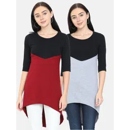 Fleximaa Black & Red Colourblocked Set Of 2 Pure Cotton Longline Top-picture-18