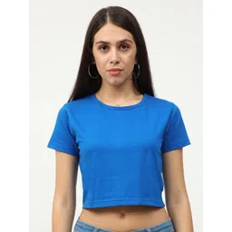 Fleximaa Blue Solid Pure Cotton Crop Top-picture-41