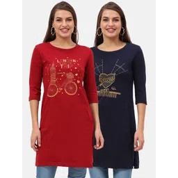 Fleximaa Pack of 2 Maroon & Navy Blue Printed Longline Tops-picture-22