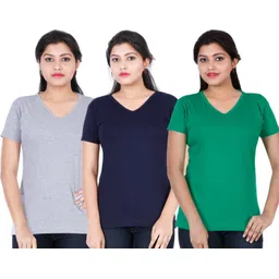fleximaa Pack of 3 Women Solid V Neck Cotton Blend Multicolor T-Shirt-picture-20