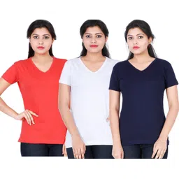 fleximaa Pack of 3 Women Solid V Neck Cotton Blend Multicolor T-Shirt-picture-17