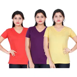 fleximaa Pack of 3 Women Solid V Neck Cotton Blend Multicolor T-Shirt-picture-11