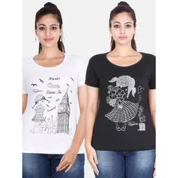 Fleximaa Women Black & White Pack Of 2 Printed Cotton T-shirt-picture-14