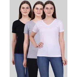Fleximaa Women Black & White Pack of 3 V-Neck Cotton T-shirt-picture-16