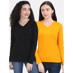 Fleximaa Women Black & Yellow Set Of 2 V-Neck Cotton T-shirt-picture-35