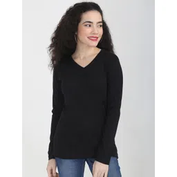 Fleximaa Women Black V-Neck T-shirt-picture-36