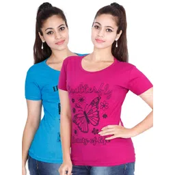 Fleximaa Women Blue & Magenta Pack Of 2 Printed Cotton T-shirt-picture-20