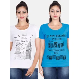 Fleximaa Women Blue & White Pack Of 2 Typography Printed Cotton T-shirt-picture-11