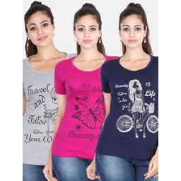 Fleximaa Women Magenta & Grey Pack Of 3 Printed Cotton T-shirt-picture-24