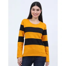 Fleximaa Women Mustard Yellow & Black Striped T-shirt-picture-10