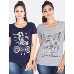 Fleximaa Women Navy Blue & Grey Pack Of 2 Printed Cotton T-shirt-picture-37