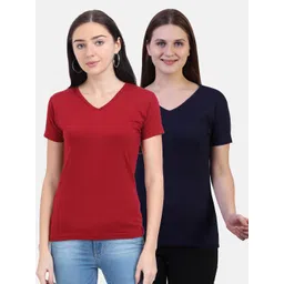 Fleximaa Women Navy Blue & Maroon 2 V-Neck T-shirt-picture-20